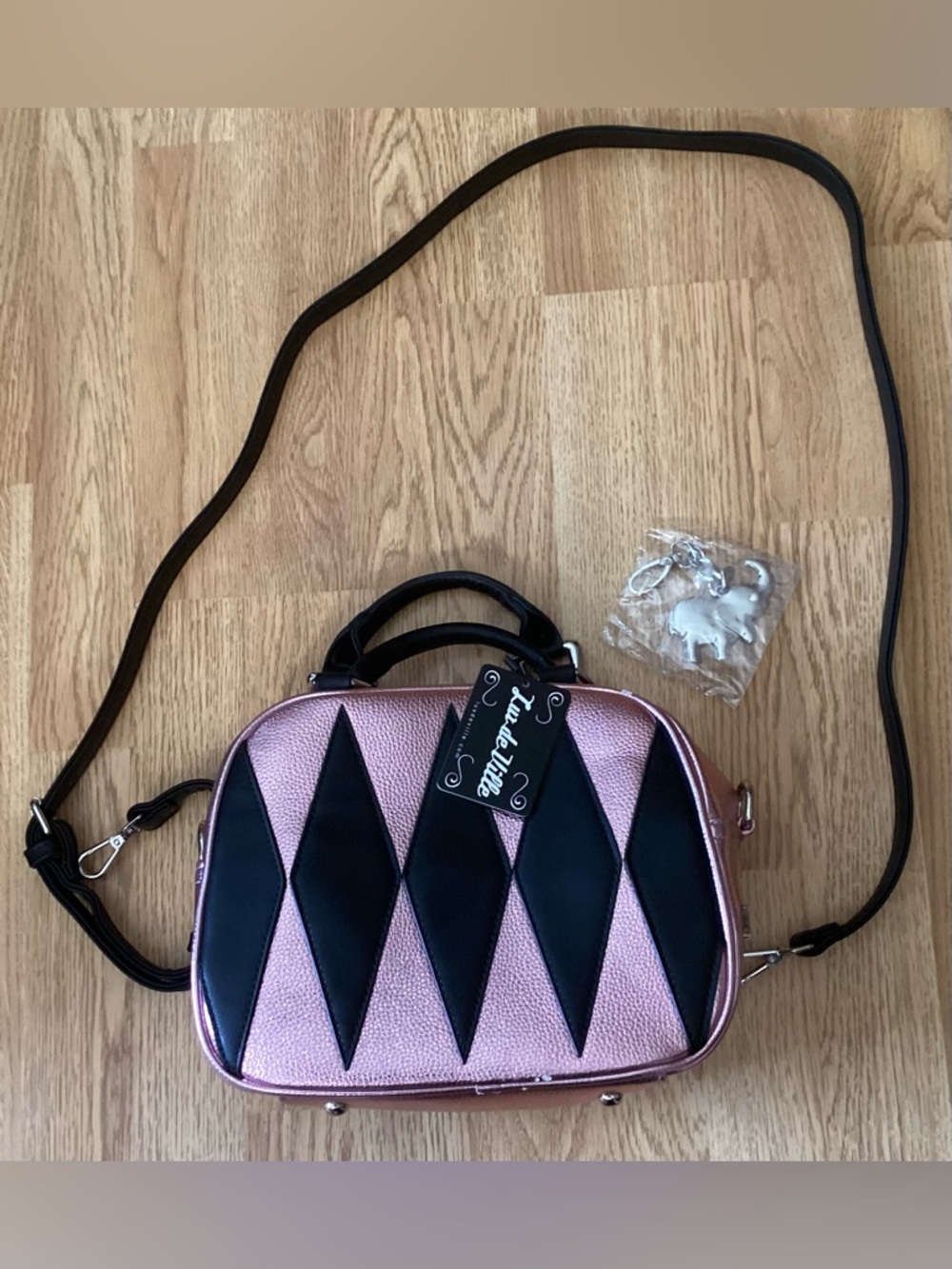 Pink/Black Diamond-Panel Satchel With Handles, Crossbody Strap, Elephant  Charm